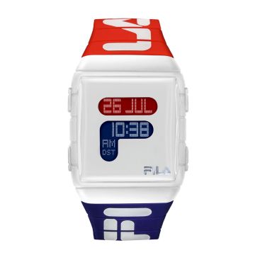 Fila – 38-105-005 – Montre Mixte – Affichage Digital – Boitier Carré En Plastique Blanc – Cadran Blanc – Bracelet Bleu Et Rouge En Plastique