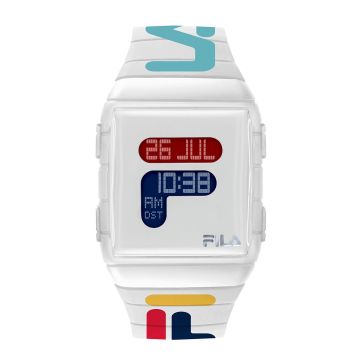 Fila – 38-105-007 – Montre Mixte – Affichage Digital – Boitier Carré En Plastique Blanc – Cadran Blanc – Bracelet Multicouleur En Plastique