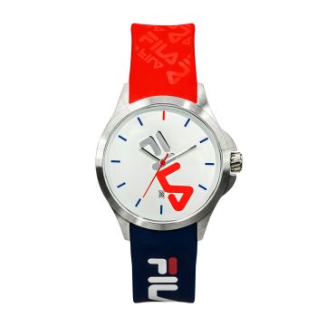 Fila – 38-181-005 – Montre Mixte – Mouvement Quartz Trois Aiguilles Avec Date – Boitier Rond En Acier Inoxydable – Cadran Blanc – Bracelet Bleu Et Rouge En Silicone