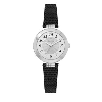 Montre Clyda  Dame Acier Bracelet Cuir Noir Cadran Argenté 28 Mm