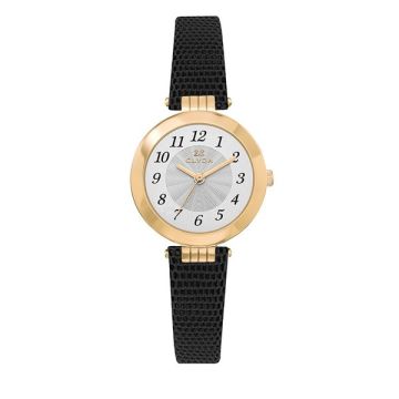 Montre Clyda  Dame Acier Doré Bracelet Cuir Noir Cadran Argenté 28 Mm
