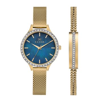 Montre Clyda  Set Dame Acier Doré Bracelet Mesh Doré Cadran Bleu 30 Mm