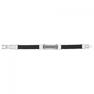 Phebus Homme - Bracelet Cuir De Vachette Tresse/Plaq.Cera.Noir+Acier Ajoure 20.5+2Cm