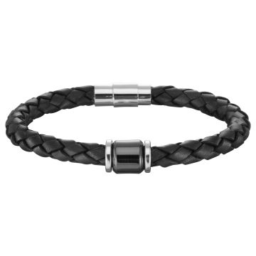 Phebus Homme - Bracelet Cuir De Vachette Tresse Aimant/Cylindre Cera.Noire 21Cm