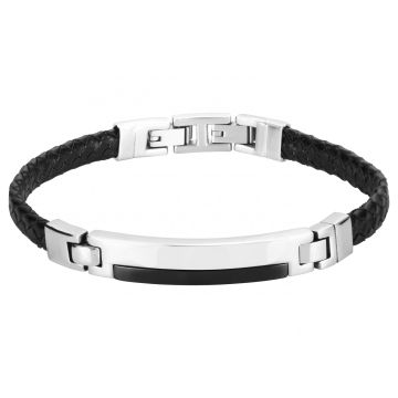 Phebus Homme - Bracelet Acier Gourmette Céramique Noire Cuir De Vachette Tresse Noir 20+1Cm