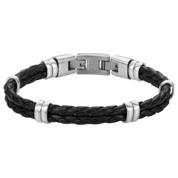 Phebus Homme - Bracelet Cuir Croute De Vachette Noir Tresse Et Lien Acier 19+1.5Cm