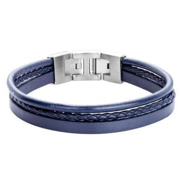 Phebus Homme - Bracelet Acier, Cuir De Vache Et Microfibre Bleu-20+1,5Cm