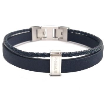 Phebus Homme - Bracelet Acier, Cuir De Vache Et Microfibre Bleu-19+1,5Cm