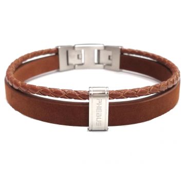Phebus Homme - Bracelet Acier, Cuir De Vache Et Microfibre Marron-19+1,5Cm