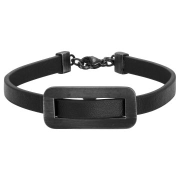 Phebus Homme - Bracelet Acier Ip Vintage Et Cuir Noir-18+2Cm