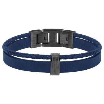 Phebus Homme - Bracelet Acier Ip Vintage Et Cuir Bleu-19+1,5Cm