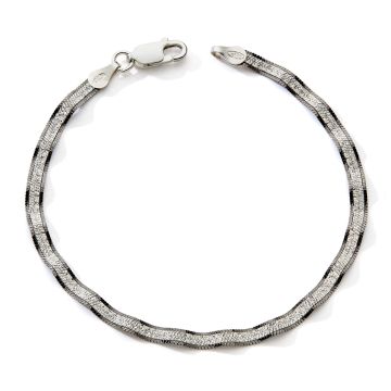 Bracelet 925 Tout Argent Gauffre 0,3cm Blc/Noir 18,5cm c1011
