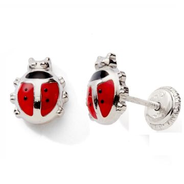 Boucles D'oreilles Vis 925 Tout Argent Coccinelle Laque Rouge/Noir