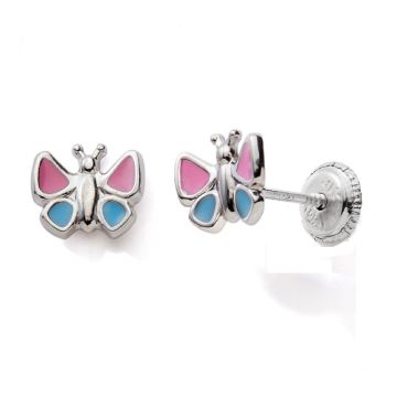 Boucles D'oreilles Vis 925 Tout Argent Papillon Laque Rose/Bleu