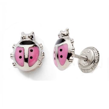 Boucles D'oreilles Vis 925 Tout Argent Coccinelle Laque Rose/Noir