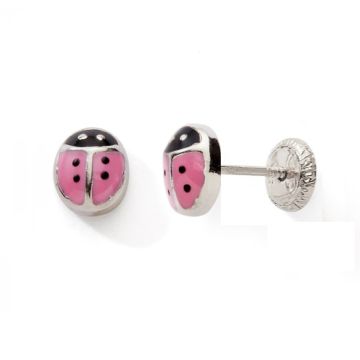 Boucles D'oreilles Vis 925 Tout Argent Coccinelle Laque Rose/Noir