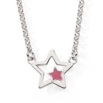 Collier 925 Tout Argent Etoile Laque Fushia 42+2cm