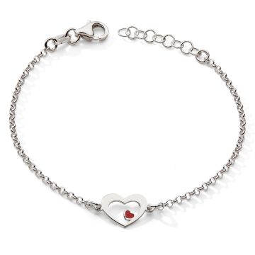 Bracelet 925 Tout Argent Maille Jaseron Coeur Laque Rouge 14,5+2cm