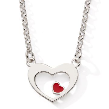 Collier 925 Tout Argent Maille Jaseron Coeur Laque Rouge 42+2cm