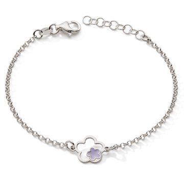 Bracelet 925 Tout Argent Maille Jaseron Fleur Laque Violette 14,5+2cm