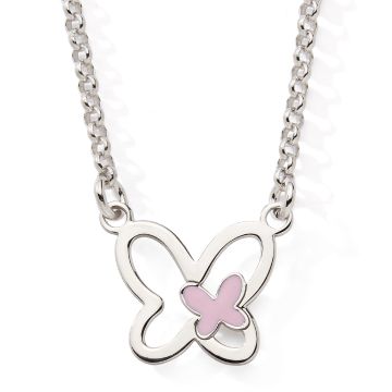 Collier 925 Tout Argent Maille Jaseron Papillon Laque Rose 42+2cm