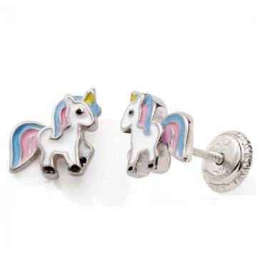 Boucles D'oreilles Vis 925 Tout Argent Licorne laquÉ Blanc/Rose/Bleu