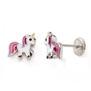 Boucles D'oreilles Vis 925 Tout Argent Licorne Laque Rose/Fushia