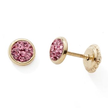 Boucles D'oreilles Vis 375 or Jaune Cristaux Rose Rond