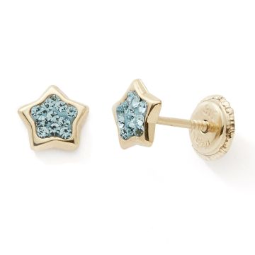Boucles D'oreilles Vis 375 or Jaune Cristaux Bleu Etoile