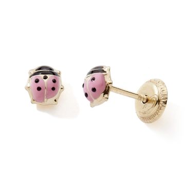 Boucles D'oreilles Vis or Jaune Tout or Coccinelle Laque Rose