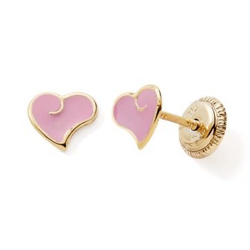 Boucles D'oreilles Vis 375 or Jaune Tout or Coeur Laque Rose