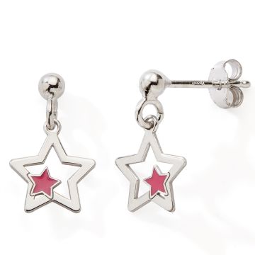 Boucles D'oreilles 925 Tout Argent Etoile Laque Fushia