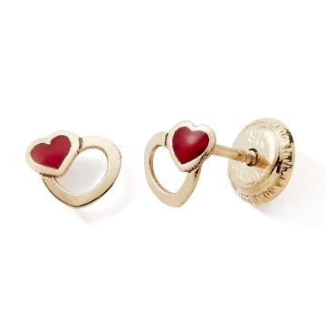 Boucles D'oreilles or J/2 Coeurs Laque Rouge Vis