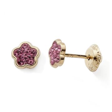 Boucles D'oreilles Vis 9k Fleur Cristaux Rose