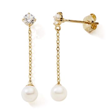 Boucles D'oreilles 375 or Jaune Pendant Perle 4mm Oxyde De Zirconium