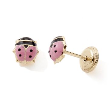 Boucles D'oreilles Vis 375 or Jaune Tout or Coccinelle Laque Rose