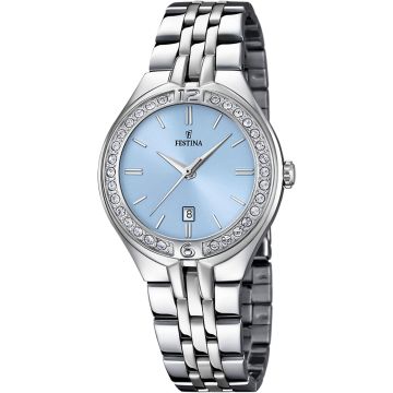 Montre Festina Femme Cadran Bleu Clair Lunette Avec Oxydes De Zirconium Bracelet Acier