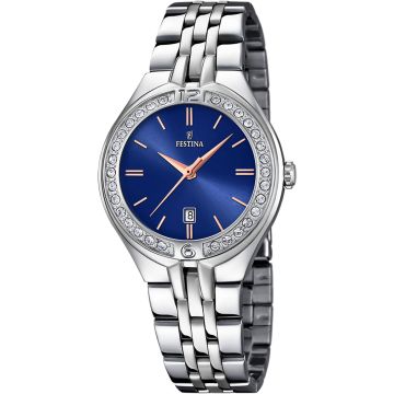Montre Festina Femme Cadran Bleu Lunette Avec Oxydes De Zirconium Bracelet Acier