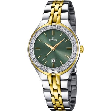 Montre Festina Femme Cadran Kaki Lunette Avec Oxydes De Zirconium Bracelet Acier Bicolore Dore
