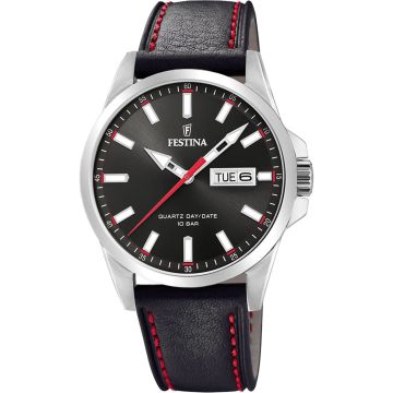 Montre Festina Homme A Energie Solaire Cadran Noir Bracelet Cuir Noir Surpiqure Rouge