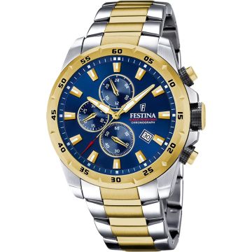 Montre Festina Homme Chronographe Bicolore Dore Fond Bleu