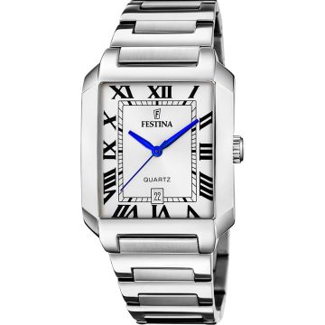 Montre Festina Homme Rectangle Cadran Blanc Aiguilles Bleues Bracelet Acier