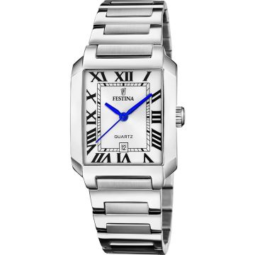 Montre Festina Femme Rectangle Cadran Blanc Aiguilles Bleues Bracelet Acier