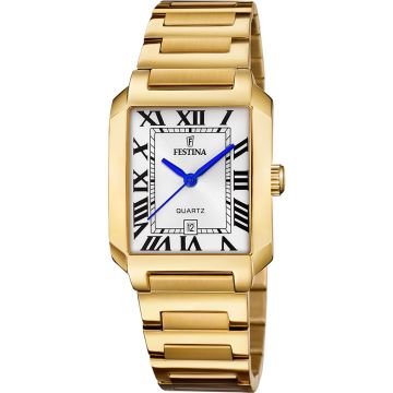 Montre Festina Femme Rectangle Cadran Blanc Aiguilles Bleues Bracelet Acier Dore