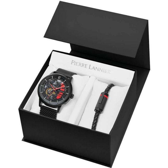 Pierre Lannier Montre Automatique Paddock | Cadran Squelette Acier 43mm | Bracelet Cuir Noir | Édition Verte